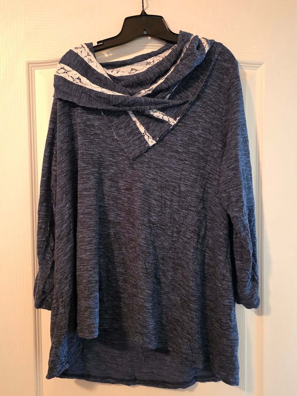 Style & Co. Woman Cowl Neck Tunic Size 2X Blue Heather Lace Trim Sweater